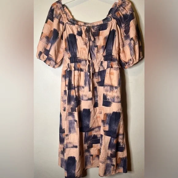 Universal Thread Pink Blue Pullover Puff Short Sleeve Elastic Waist Dress Medium - Picture 5 of 7